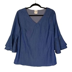 NAIF Chambray Denim Ruffle Bell 3/4 Sleeve Top Large